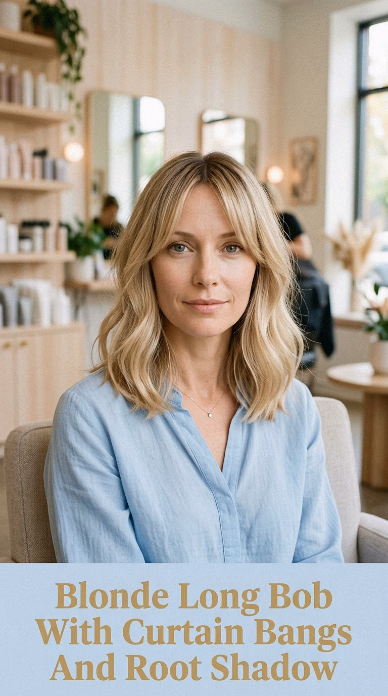Blonde Long Bob With Curtain Bangs And Root Shadow
