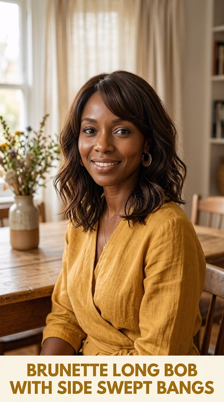 Brunette Long Bob With Side Swept Bangs