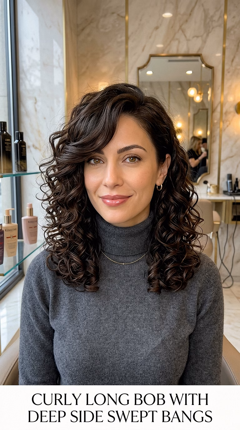 Curly Long Bob With Deep Side Swept Bangs