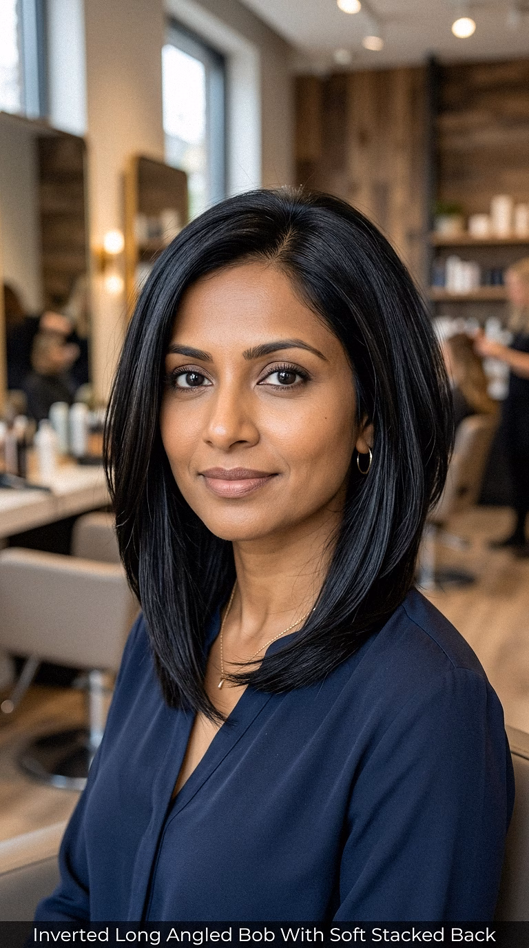 Inverted Long Angled Bob With Soft Stacked Back