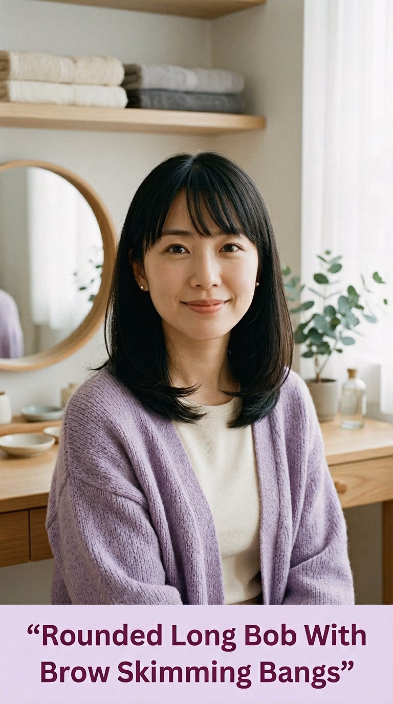 Rounded Long Bob With Brow Skimming Bangs