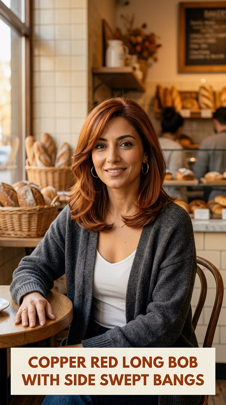 Copper Red Long Bob With Side Swept Bangs
