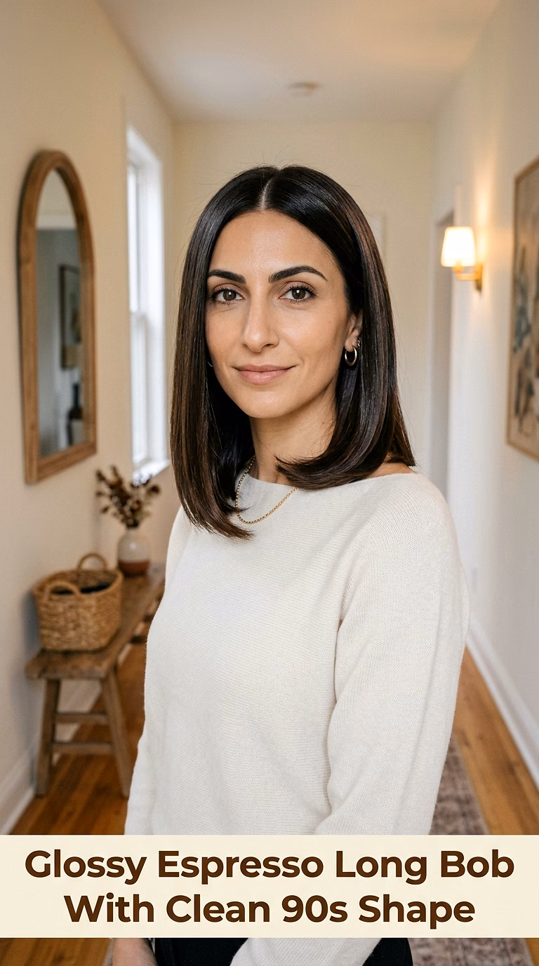 Glossy Espresso Long Bob With Clean 90s Shape