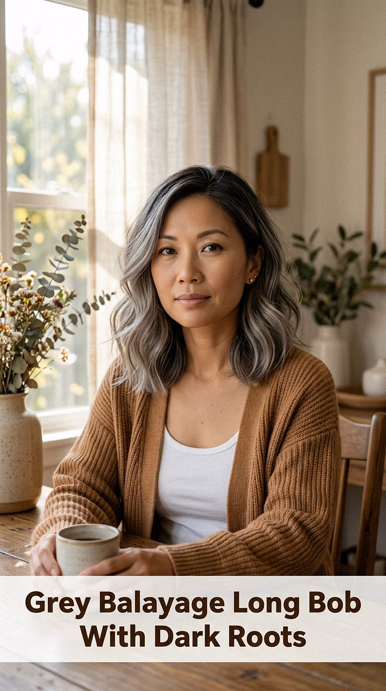 Grey Balayage Long Bob With Dark Roots