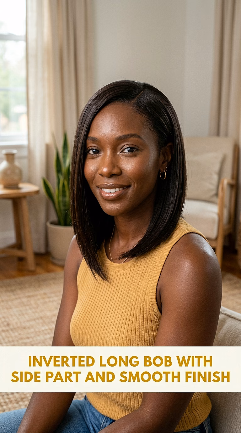 Inverted Long Bob With Side Part And Smooth Finish