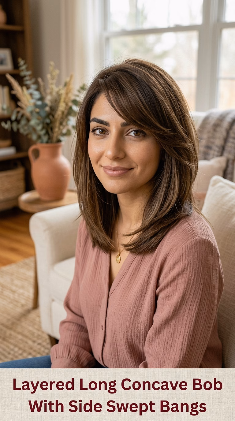 Layered Long Concave Bob With Side Swept Bangs