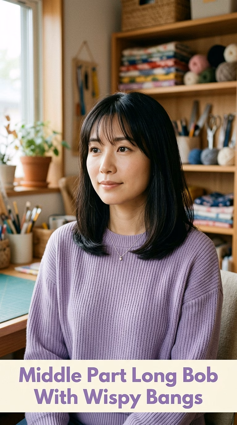 Middle Part Long Bob With Wispy Bangs