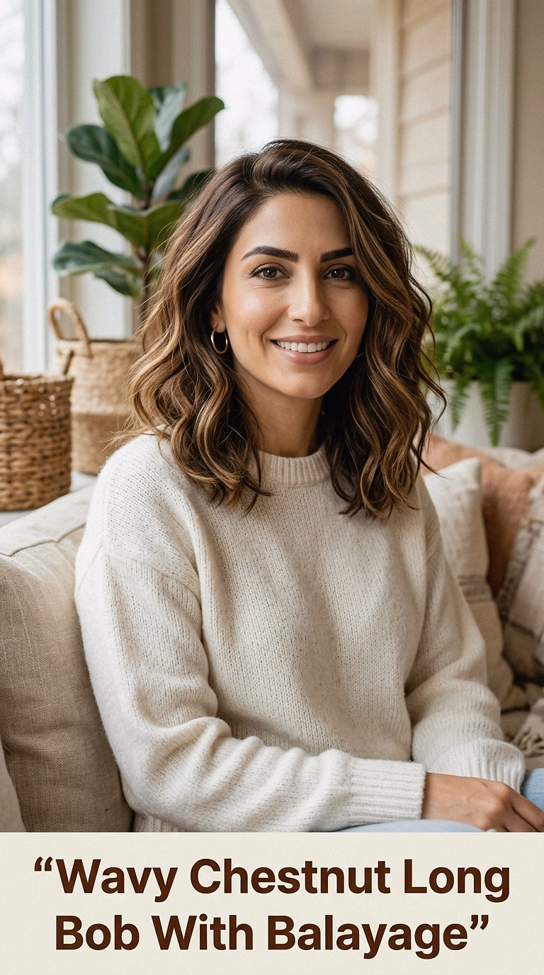 Wavy Chestnut Long Bob With Balayage