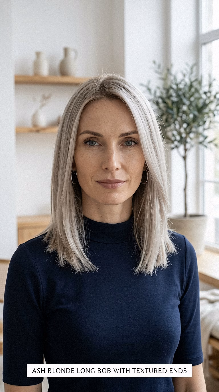 Ash Blonde Long Bob With Textured Ends