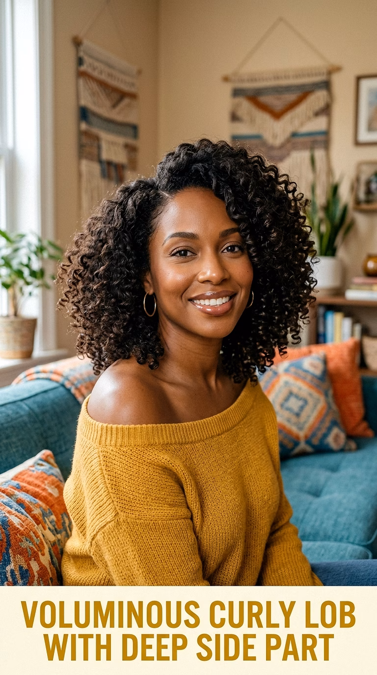 Voluminous Curly Lob With Deep Side Part