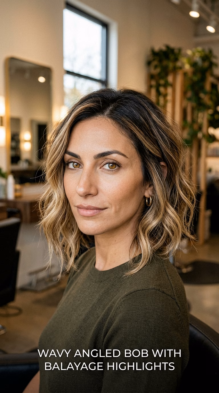 Wavy Angled Bob With Balayage Highlights