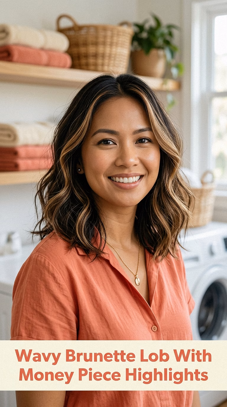Wavy Brunette Lob With Money Piece Highlights