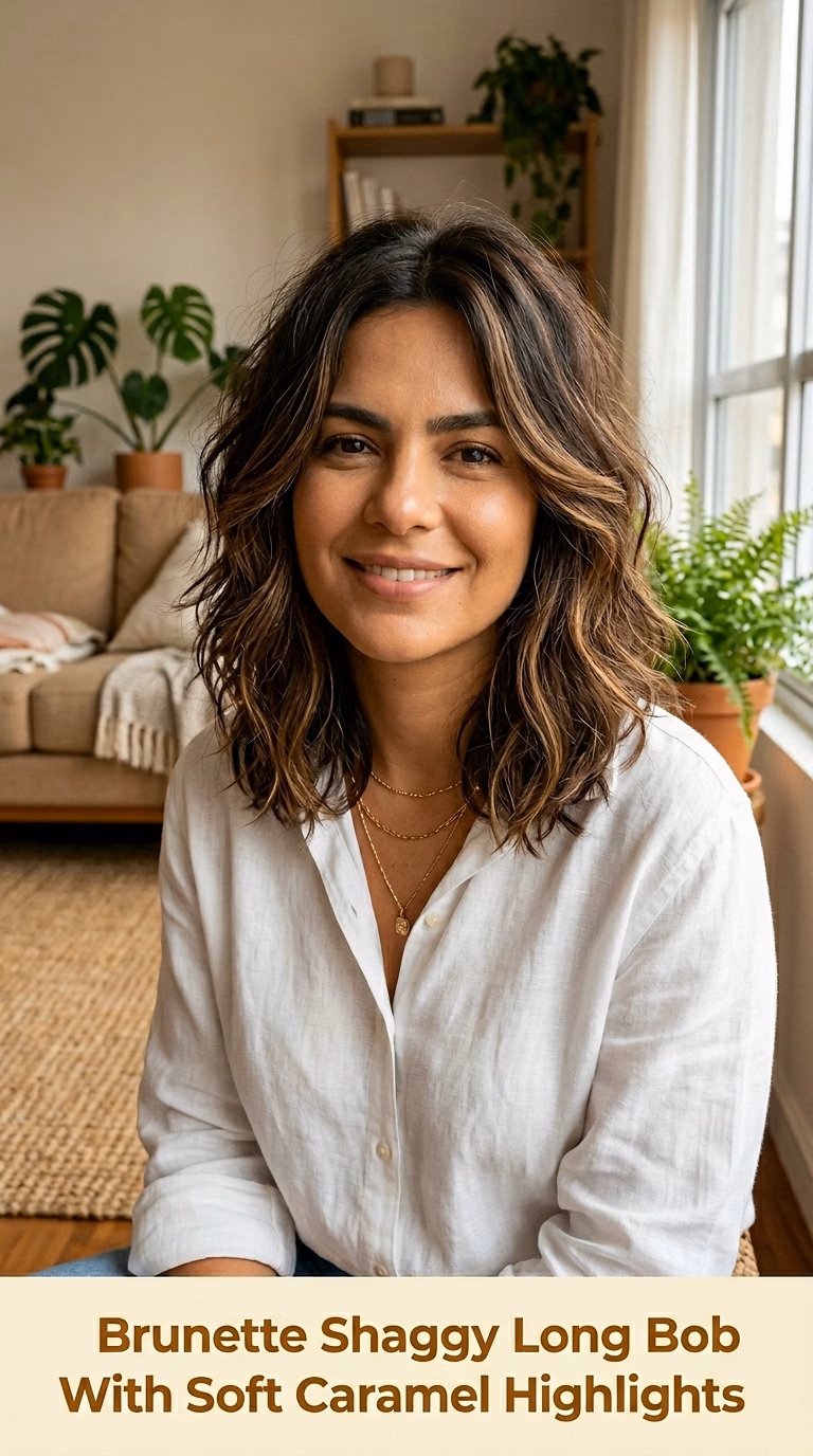 Brunette Shaggy Long Bob With Soft Caramel Highlights