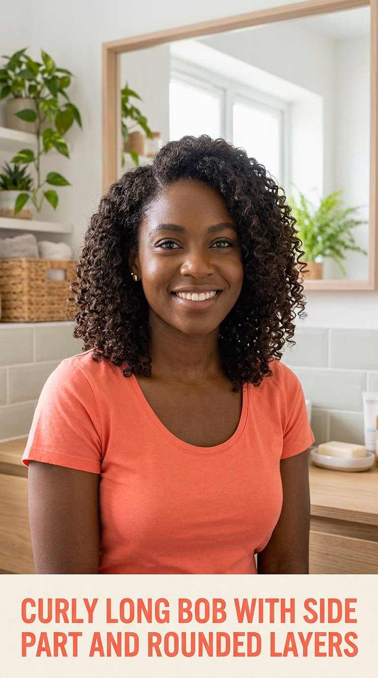 Curly Long Bob With Side Part And Rounded Layers