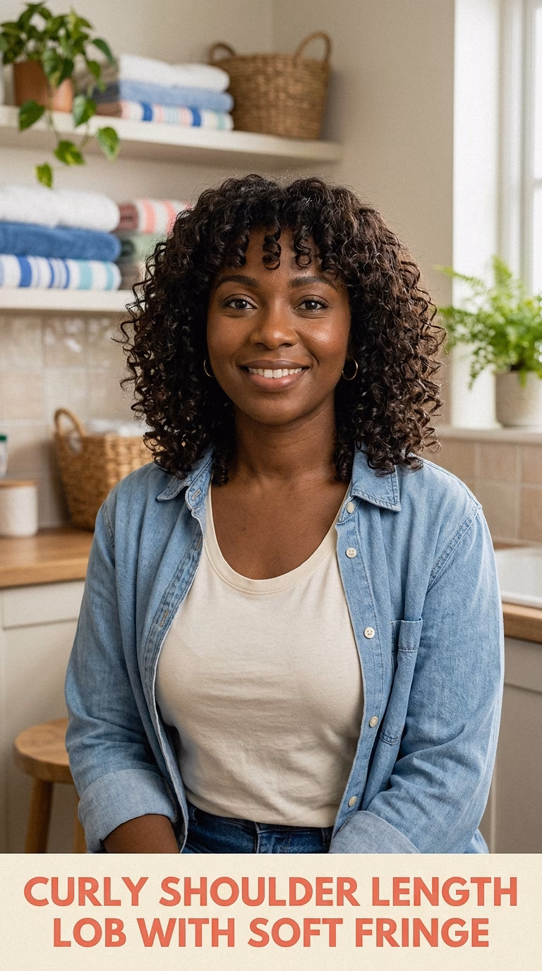 Curly Shoulder Length Lob With Soft Fringe