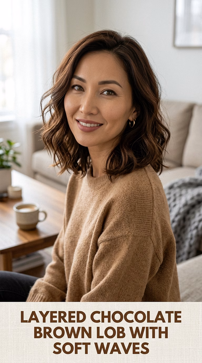Layered Chocolate Brown Lob With Soft Waves