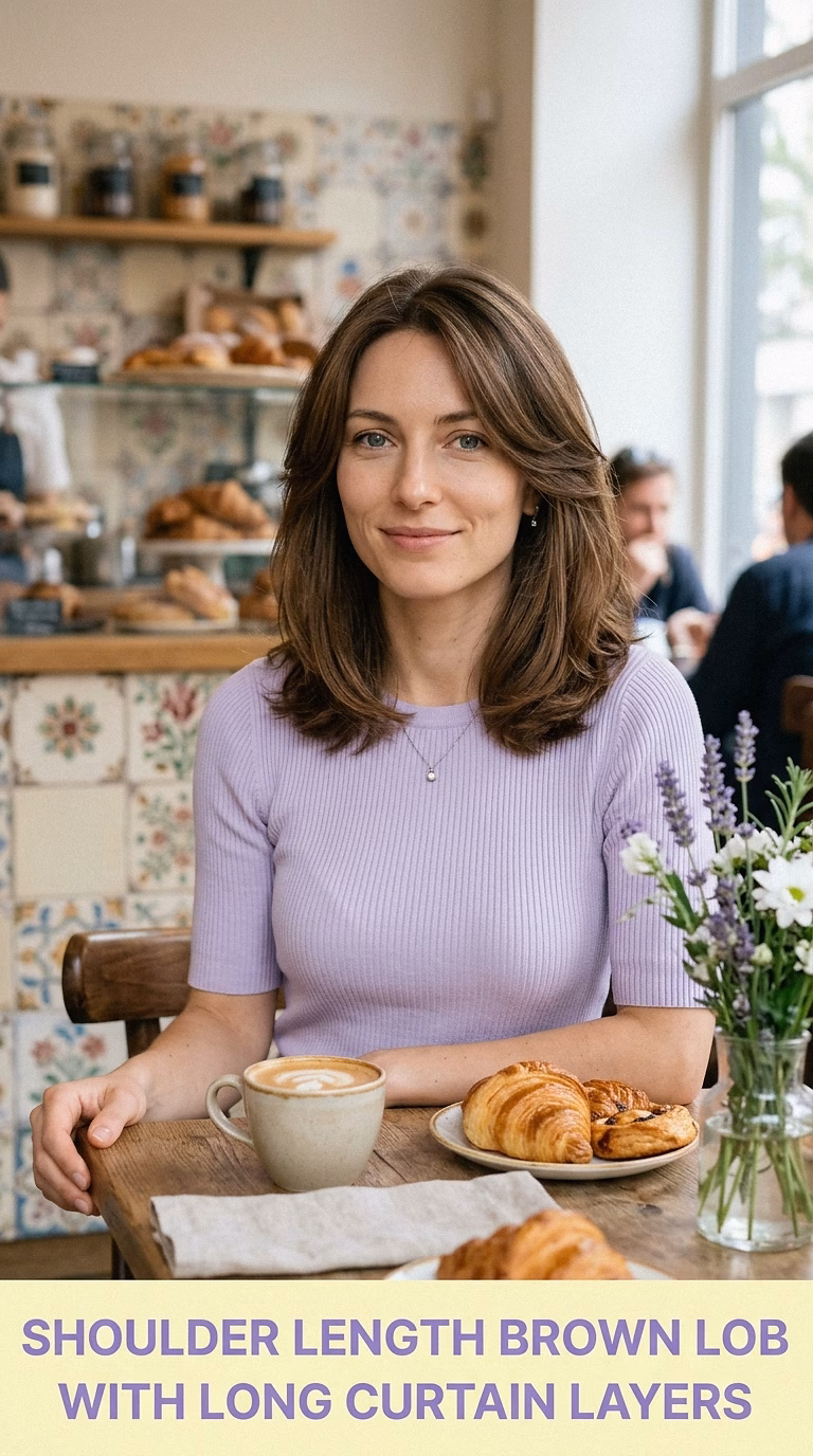 Shoulder Length Brown Lob With Long Curtain Layers