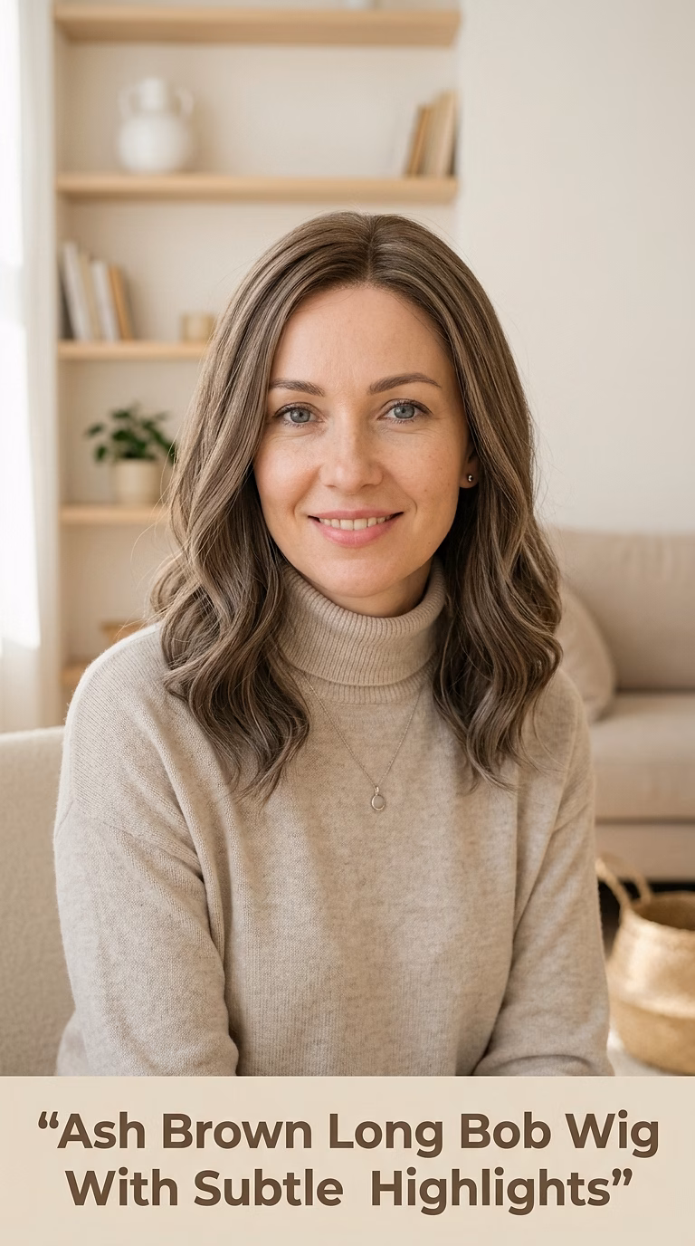 Ash Brown Long Bob Wig With Subtle Highlights