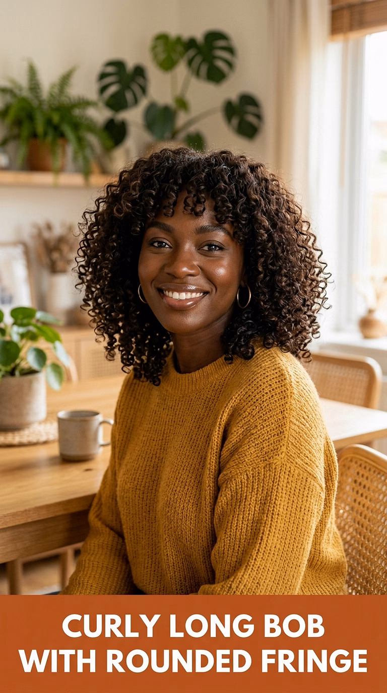 Curly Long Bob With Rounded Fringe