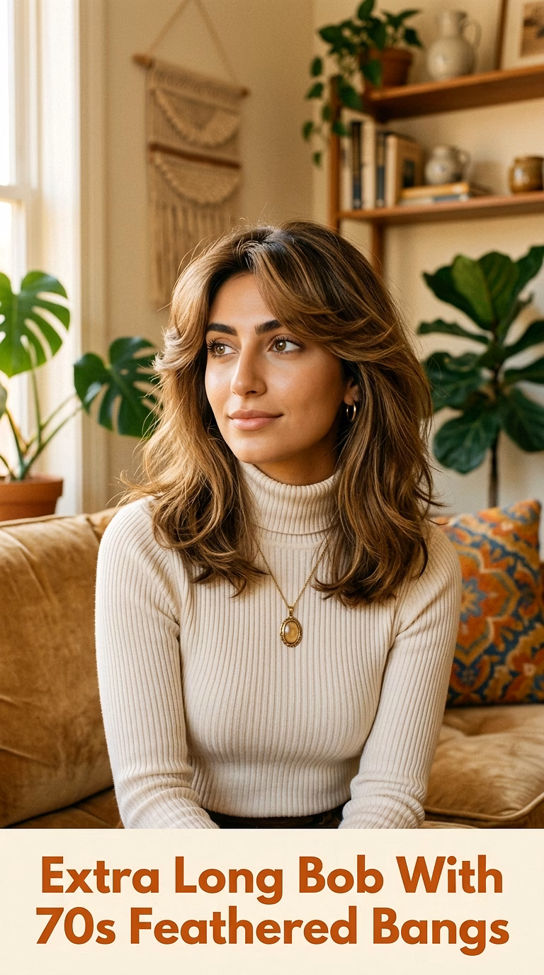 Extra Long Bob With 70s Feathered Bangs