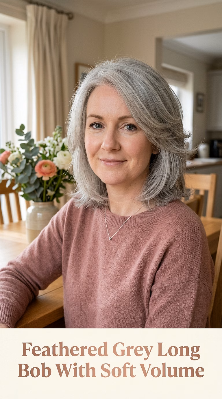 Feathered Grey Long Bob With Soft Volume