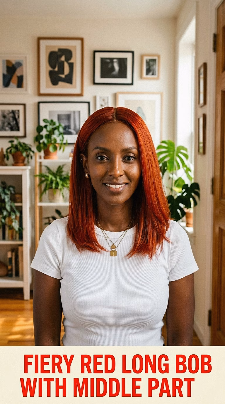 Fiery Red Long Bob With Middle Part