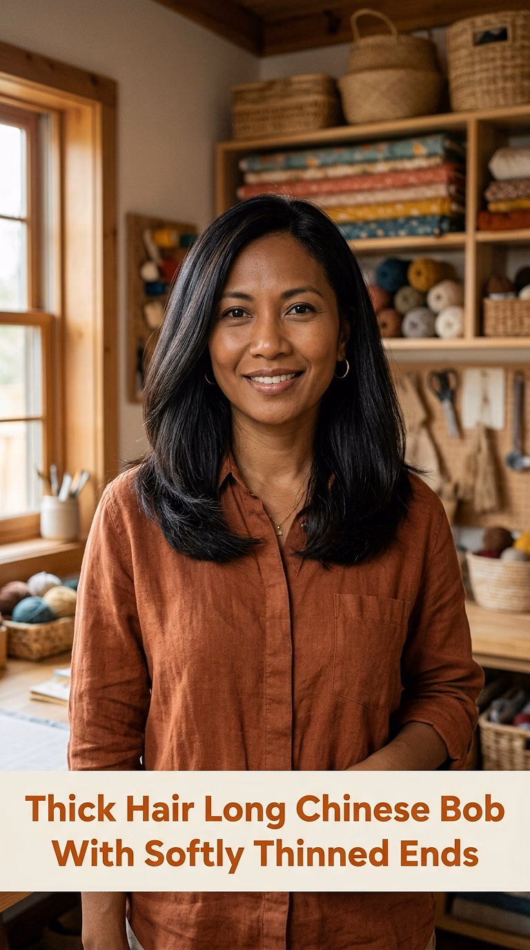 Thick Hair Long Chinese Bob With Softly Thinned Ends