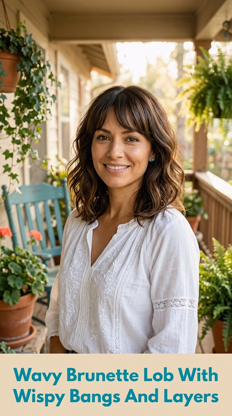 Wavy Brunette Lob With Wispy Bangs And Layers