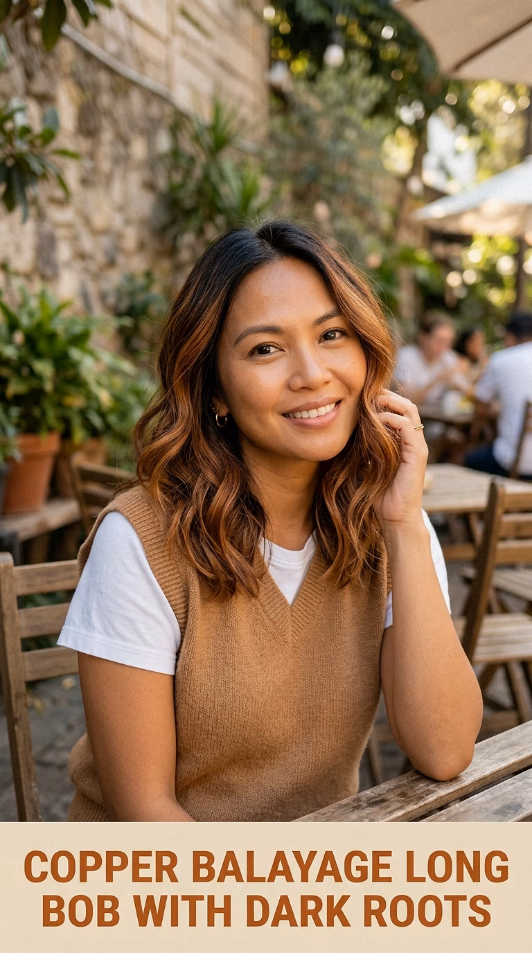 Copper Balayage Long Bob With Dark Roots