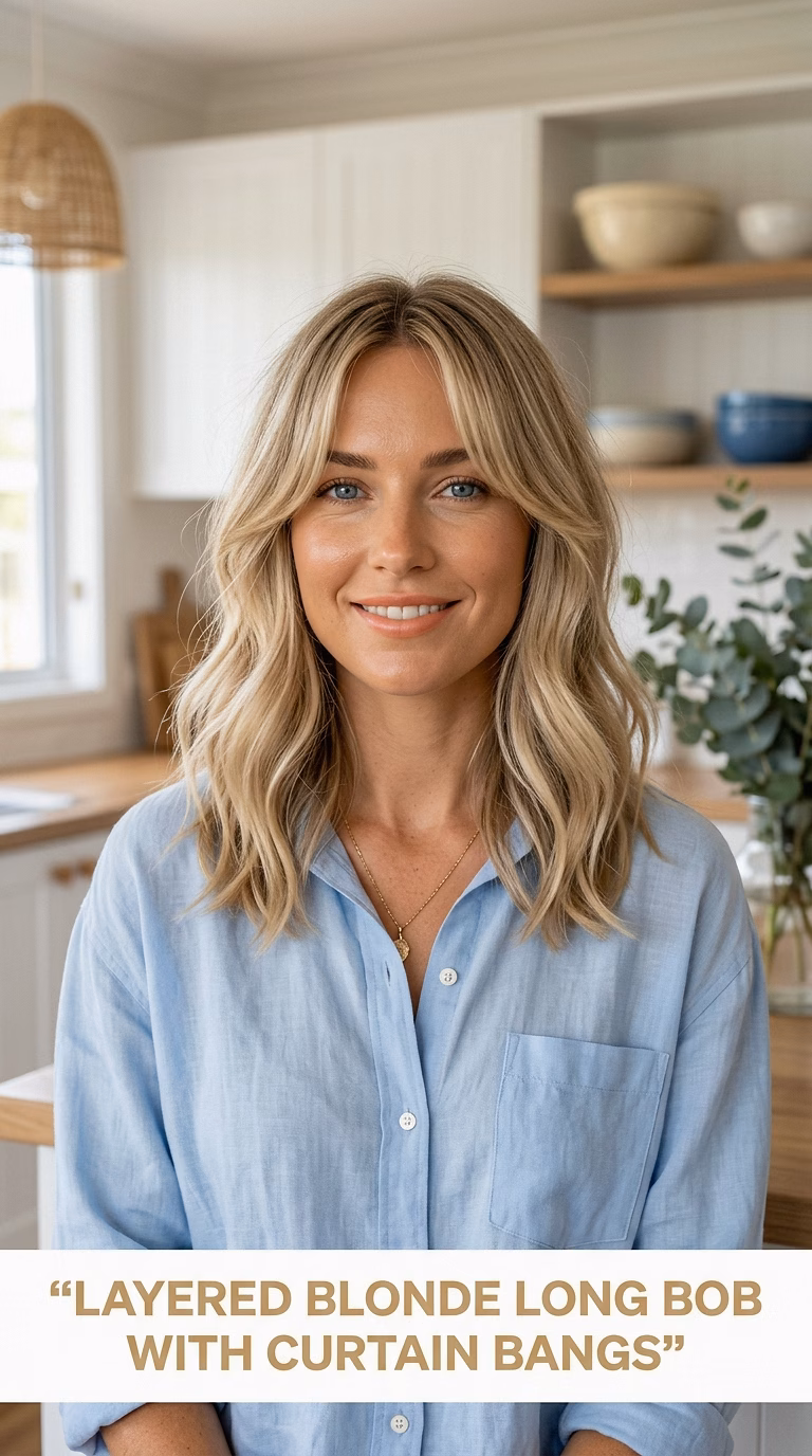 Layered Blonde Long Bob With Curtain Bangs