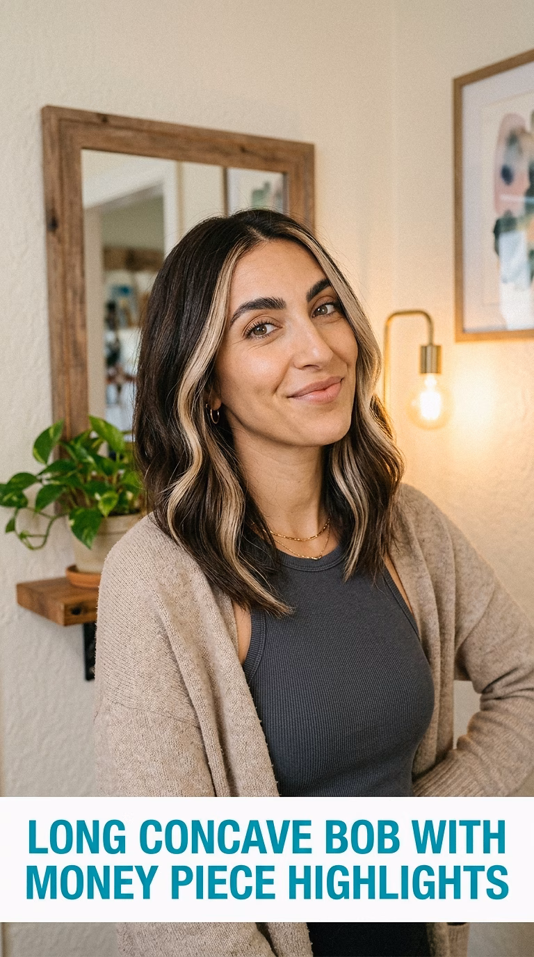 Long Concave Bob With Money Piece Highlights