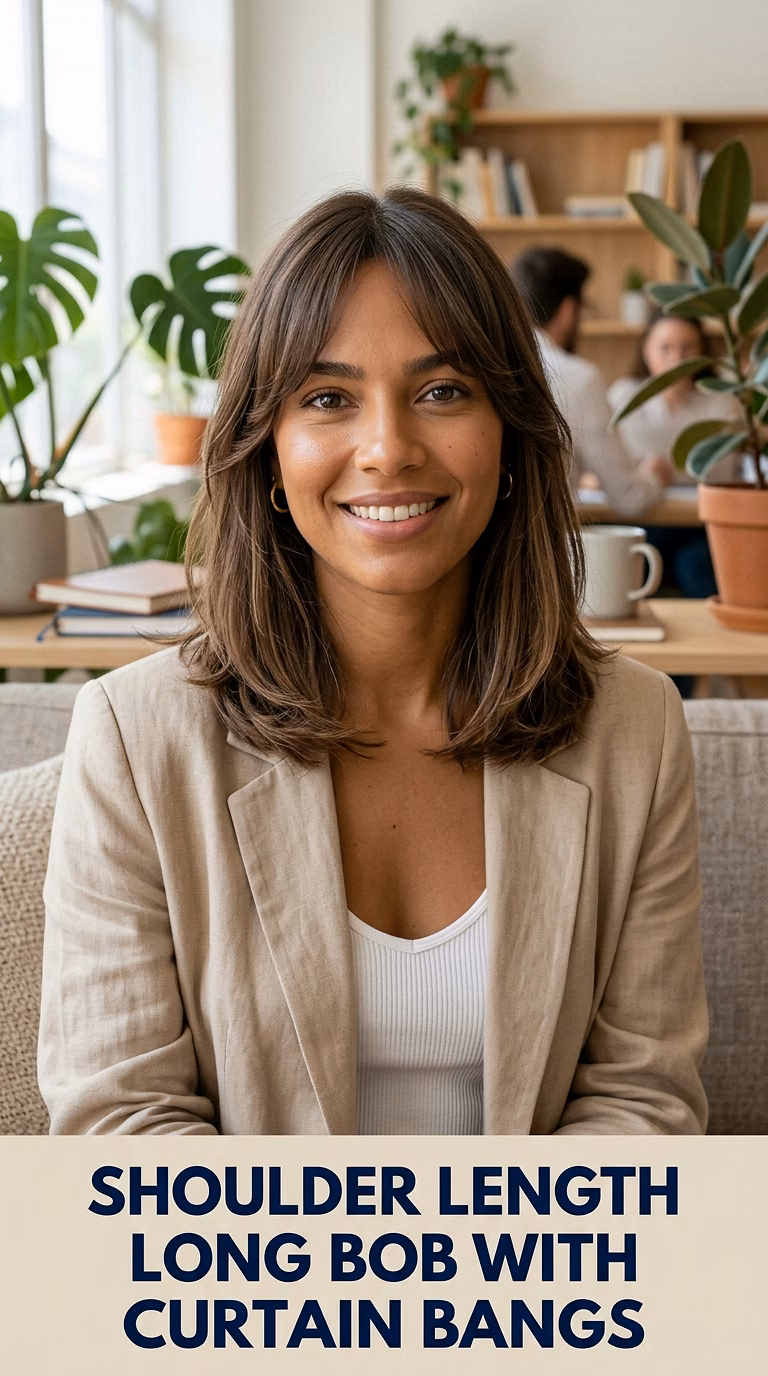Shoulder Length Long Bob With Curtain Bangs