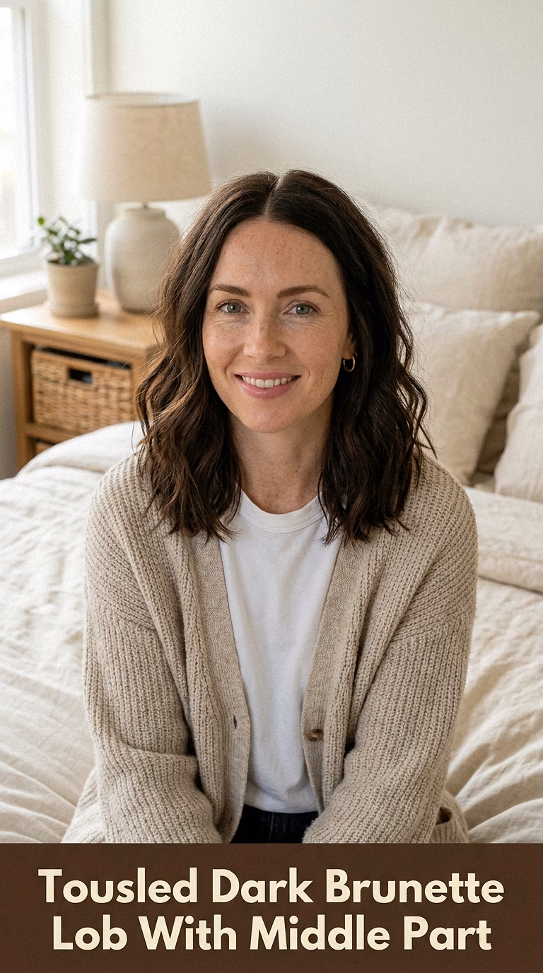 Tousled Dark Brunette Lob With Middle Part