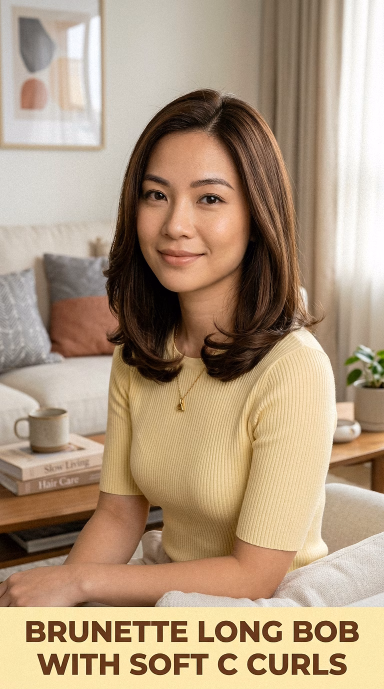 Brunette Long Bob With Soft C Curls