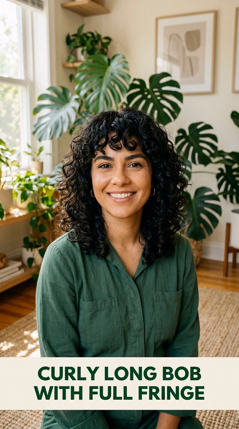 Curly Long Bob With Full Fringe