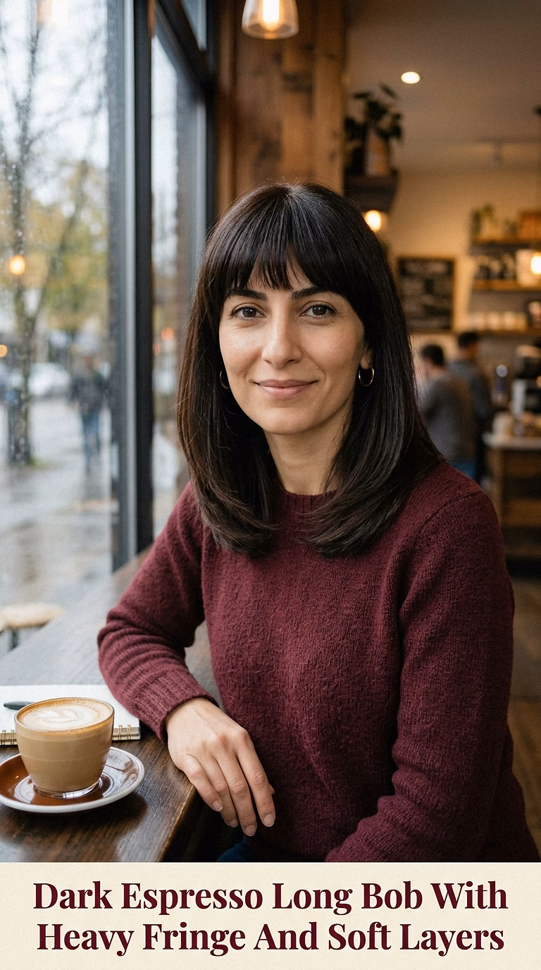 Dark Espresso Long Bob With Heavy Fringe And Soft Layers