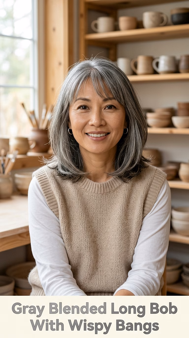 Gray Blended Long Bob With Wispy Bangs