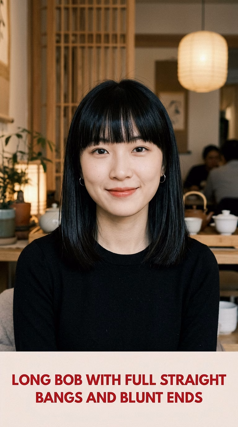 Long Bob With Full Straight Bangs And Blunt Ends