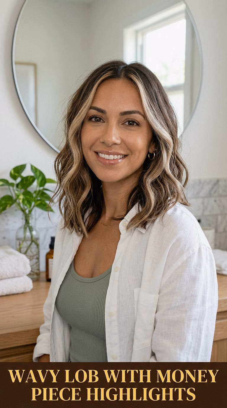 Wavy Lob With Money Piece Highlights
