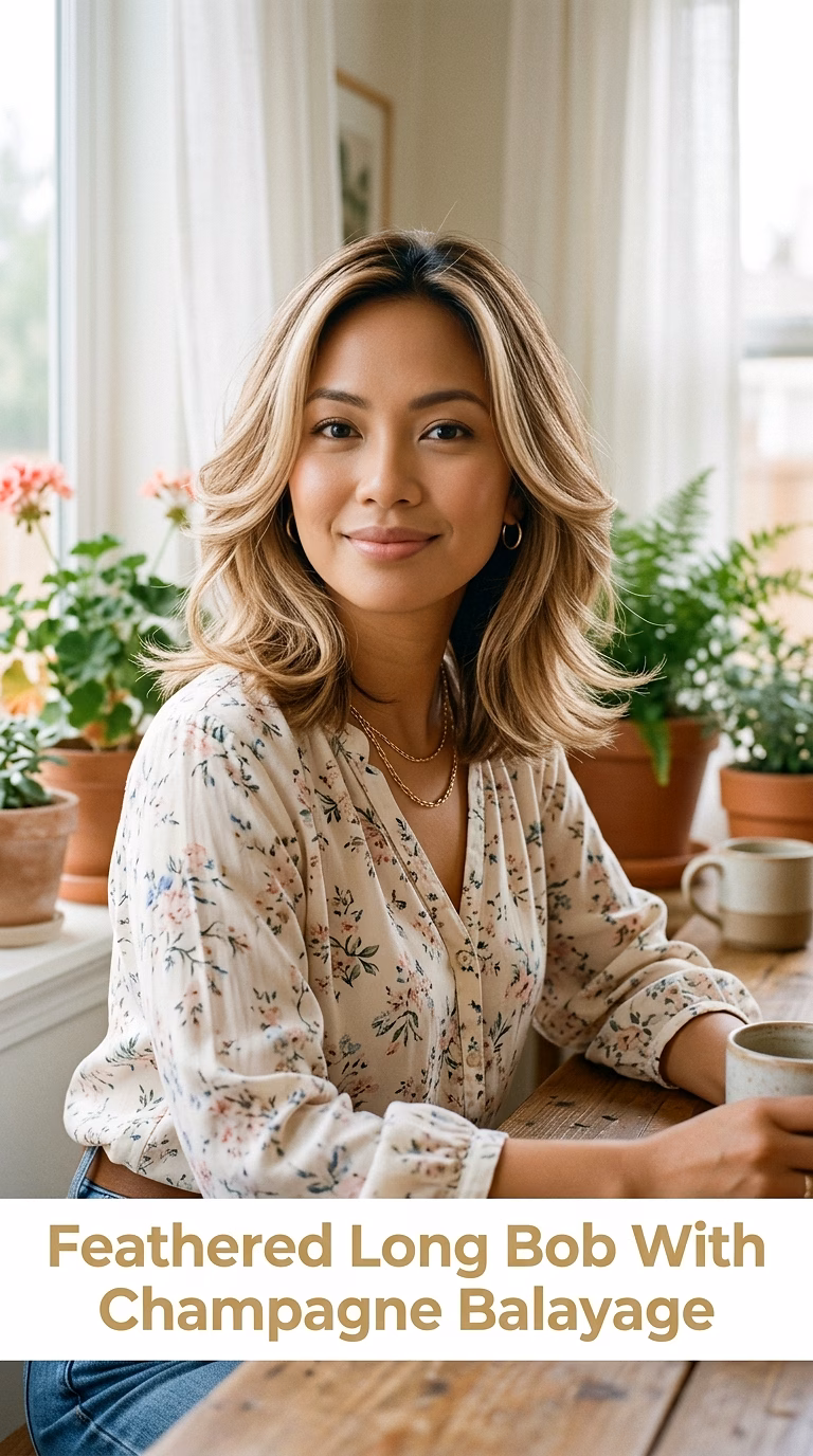 Feathered Long Bob With Champagne Balayage
