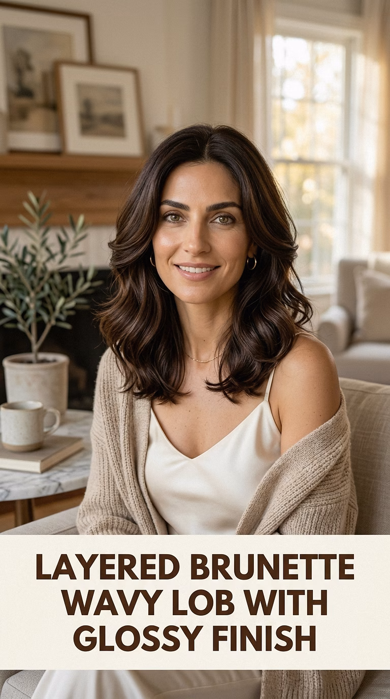 Layered Brunette Wavy Lob With Glossy Finish