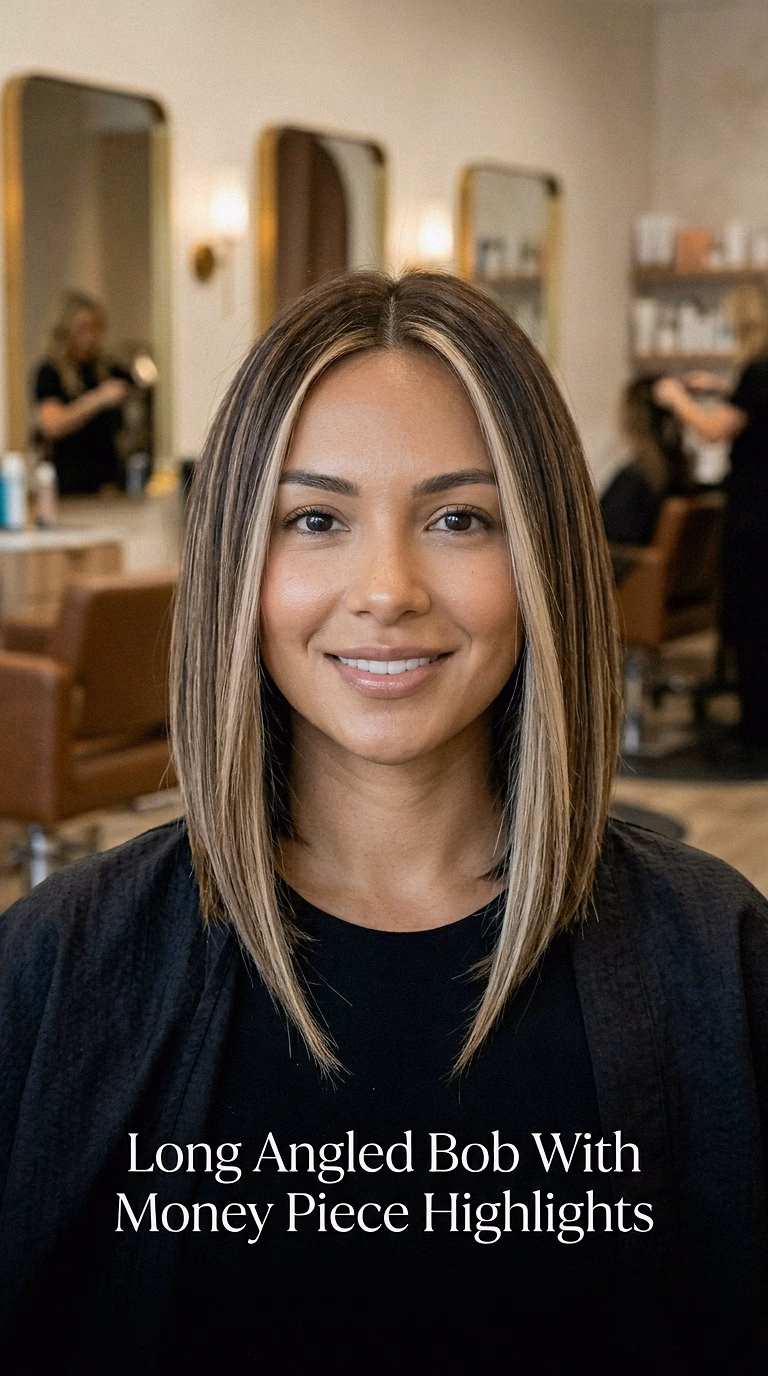Long Angled Bob With Money Piece Highlights