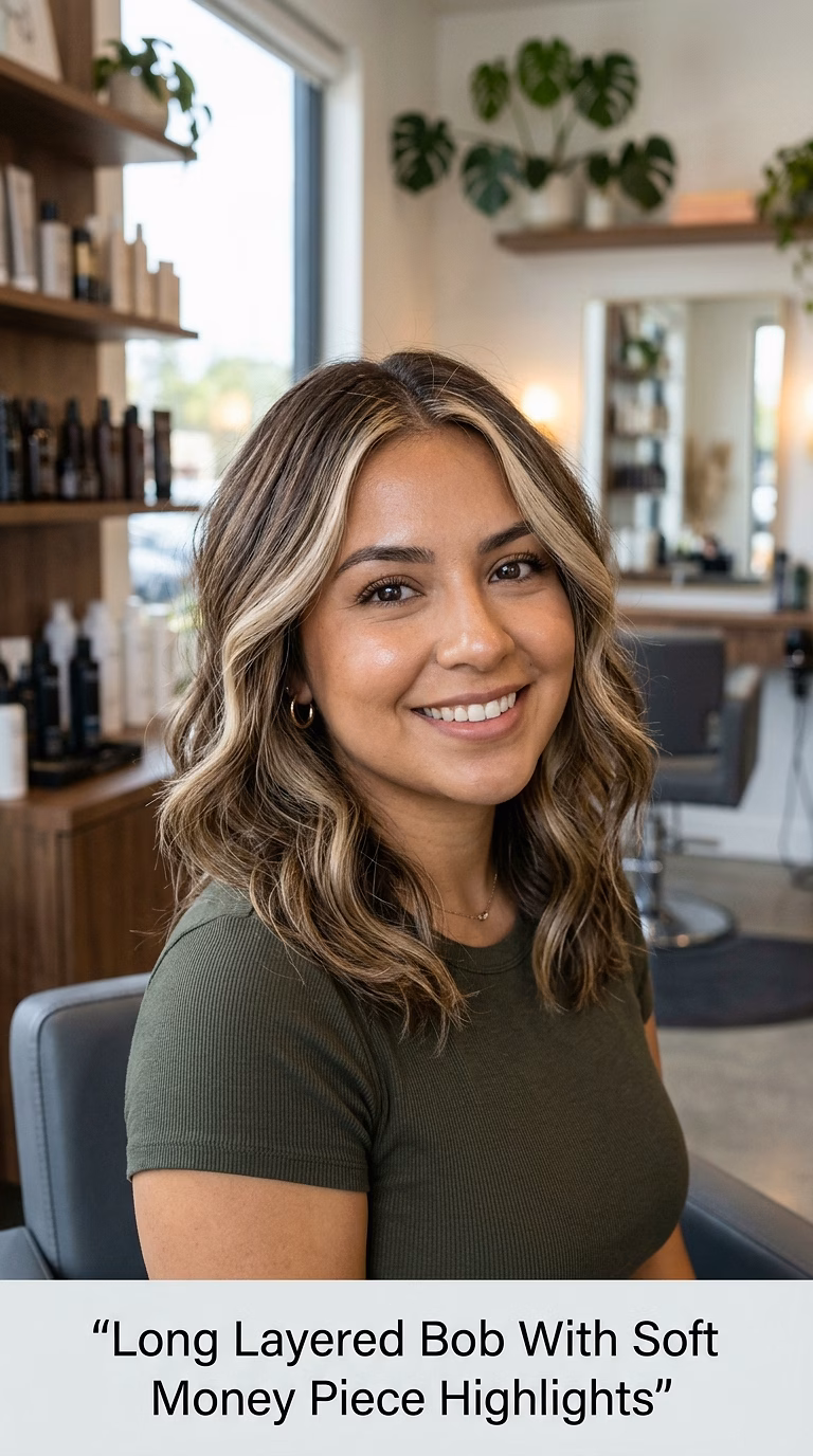 Long Layered Bob With Soft Money Piece Highlights