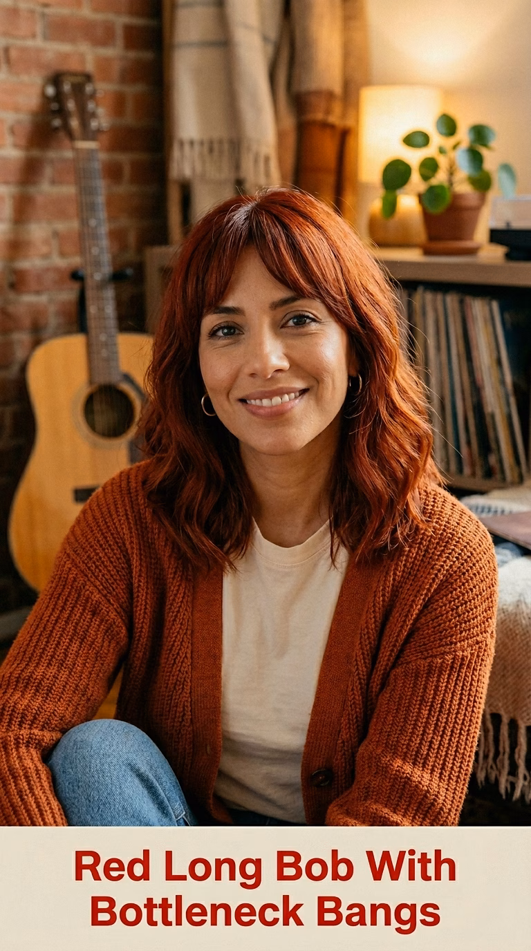 Red Long Bob With Bottleneck Bangs