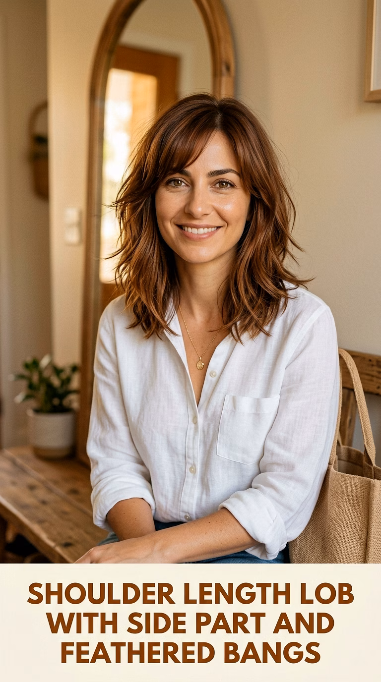 Shoulder Length Lob With Side Part And Feathered Bangs