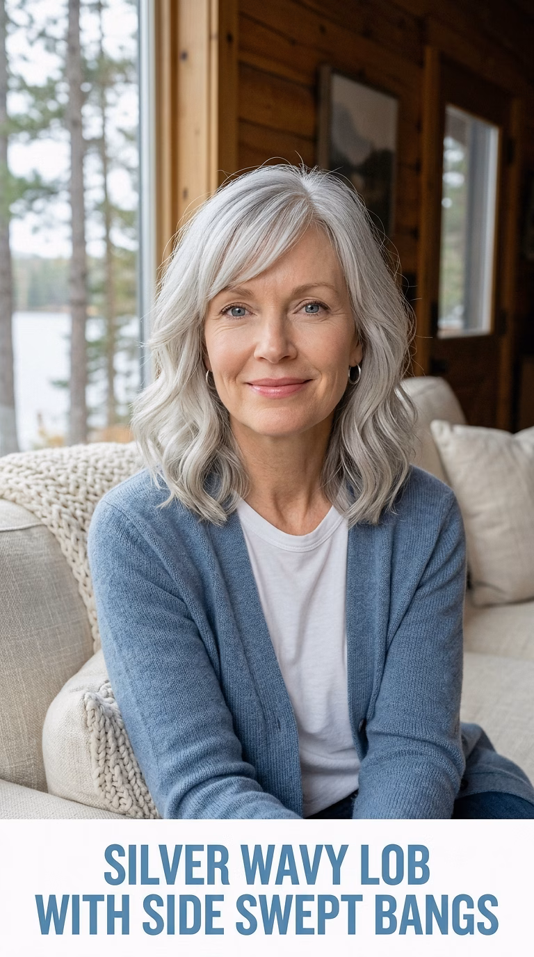 Silver Wavy Lob With Side Swept Bangs