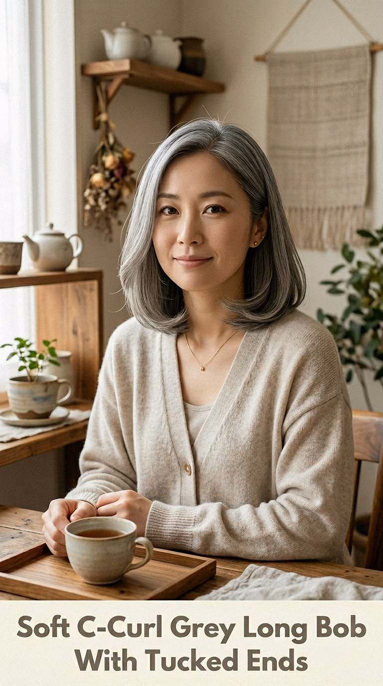 Soft C-Curl Grey Long Bob With Tucked Ends