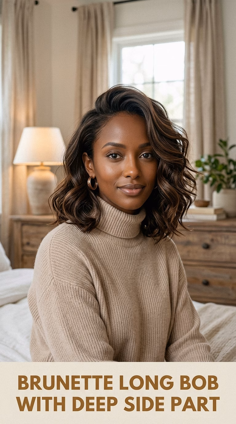 Brunette Long Bob With Deep Side Part