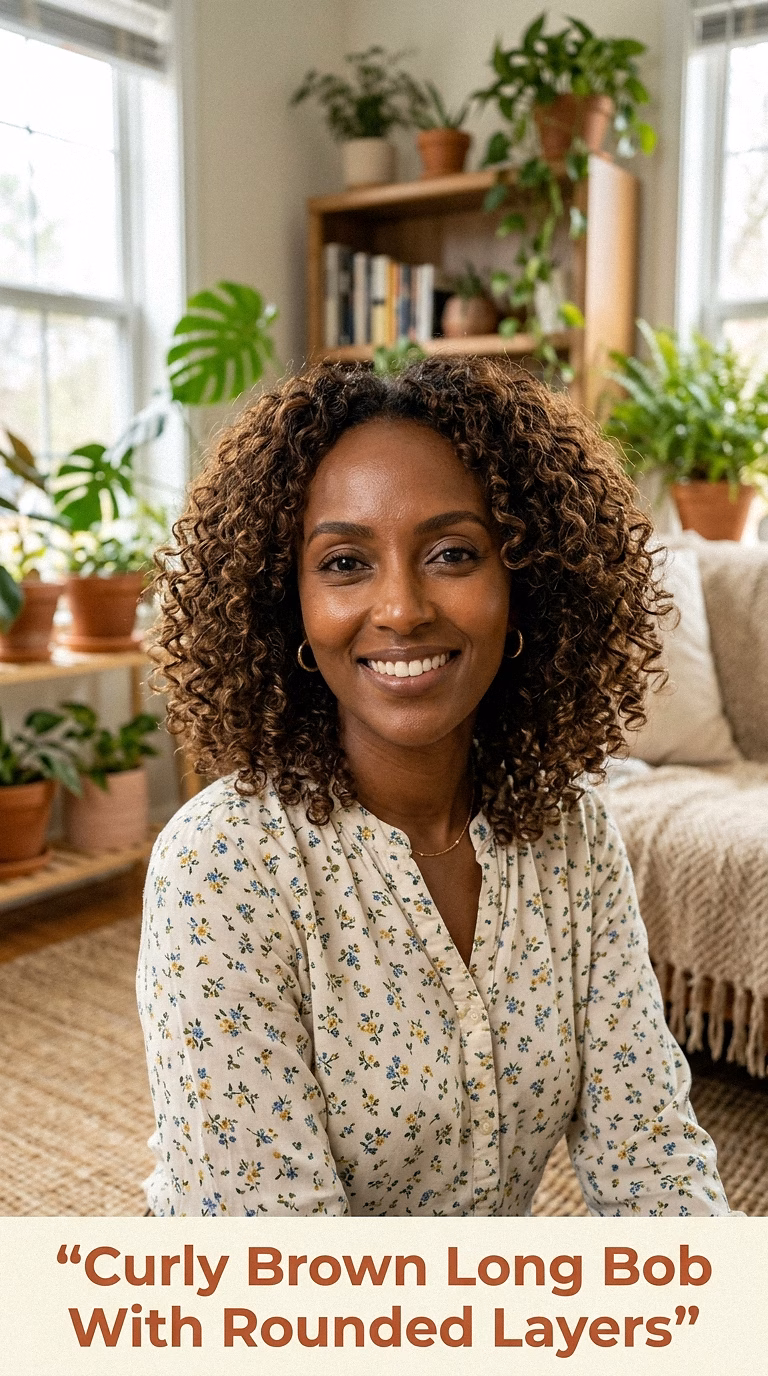 Curly Brown Long Bob With Rounded Layers
