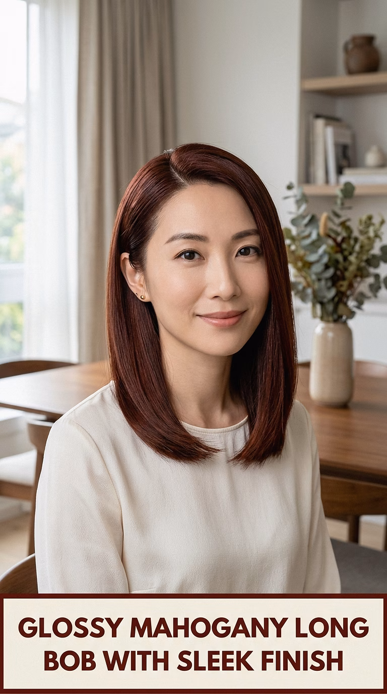 Glossy Mahogany Long Bob With Sleek Finish